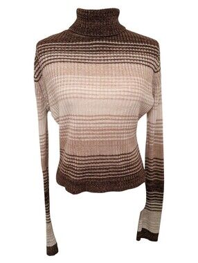Y2K Striped Sweater Short Turtleneck Brown Tan Rib Knit Sz Large